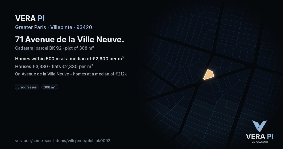 71 Avenue de la Ville Neuve, Villepinte at night – the plot lit, the parcels around coloured by the prices near them