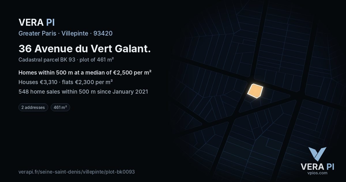 36 Avenue du Vert Galant, Villepinte at night – the plot lit, the parcels around coloured by the prices near them