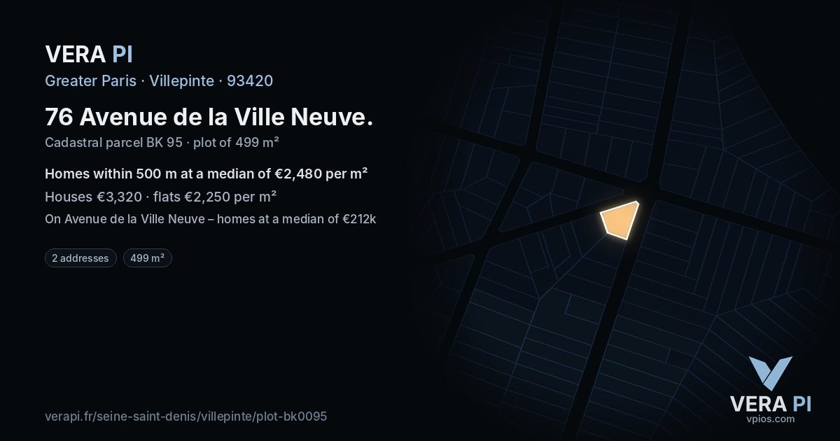 76 Avenue de la Ville Neuve, Villepinte at night – the plot lit, the parcels around coloured by the prices near them