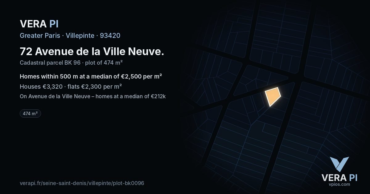 72 Avenue de la Ville Neuve, Villepinte at night – the plot lit, the parcels around coloured by the prices near them