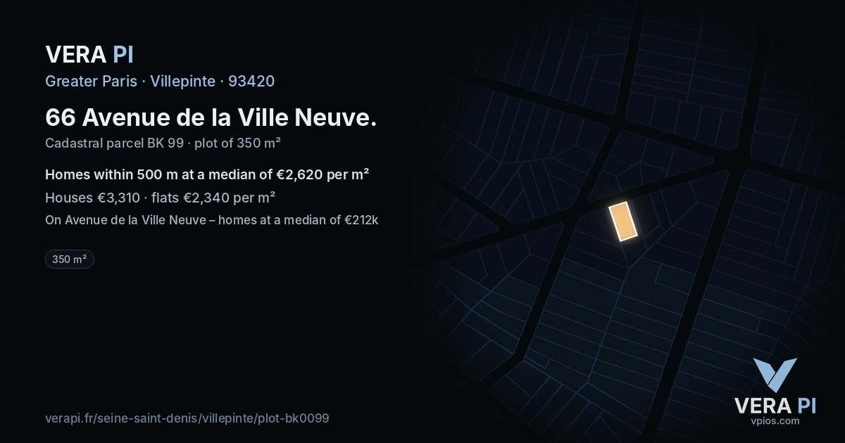 66 Avenue de la Ville Neuve, Villepinte at night – the plot lit, the parcels around coloured by the prices near them