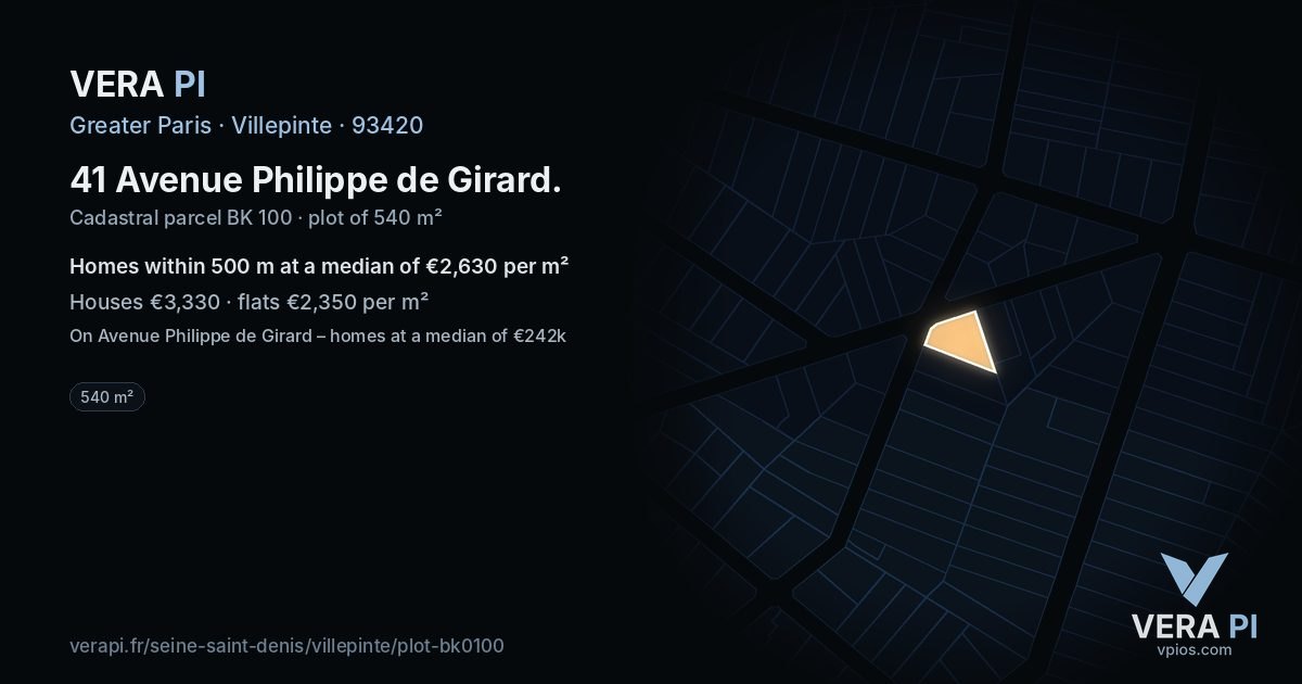 41 Avenue Philippe de Girard, Villepinte at night – the plot lit, the parcels around coloured by the prices near them