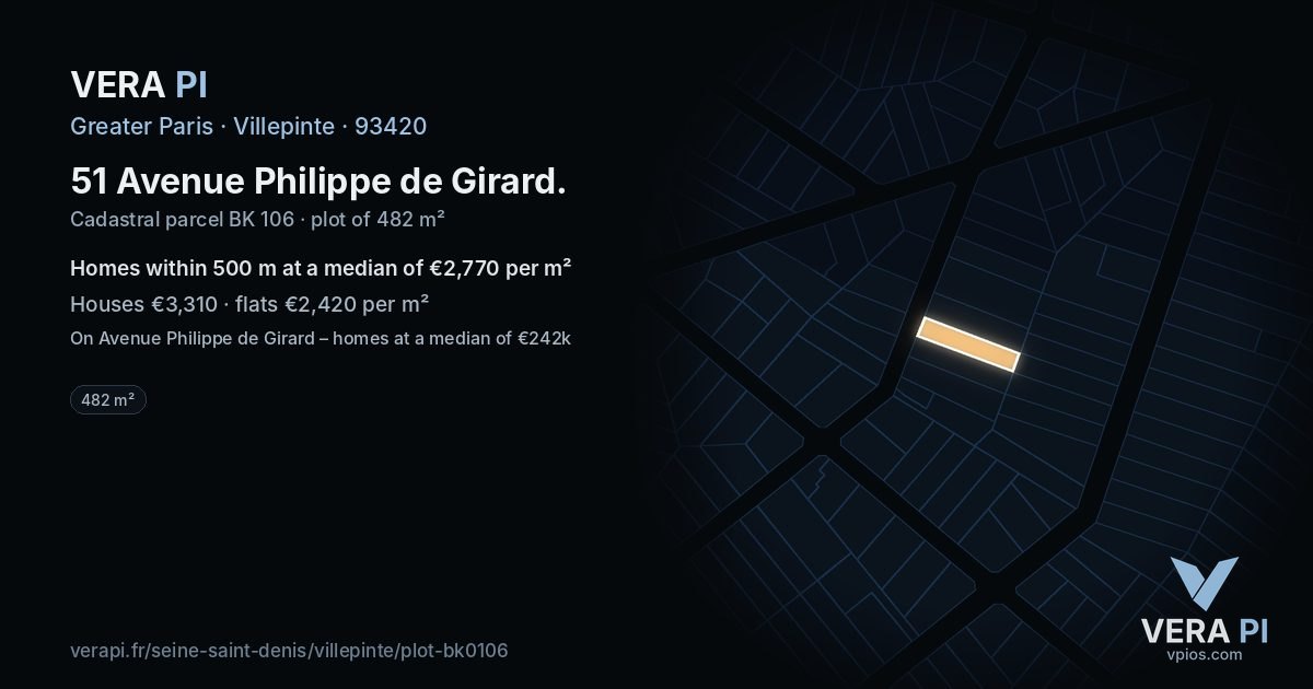 51 Avenue Philippe de Girard, Villepinte at night – the plot lit, the parcels around coloured by the prices near them