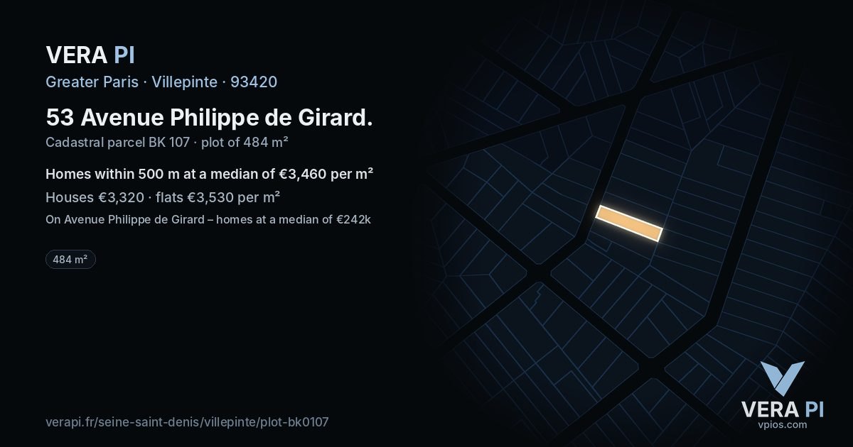 53 Avenue Philippe de Girard, Villepinte at night – the plot lit, the parcels around coloured by the prices near them