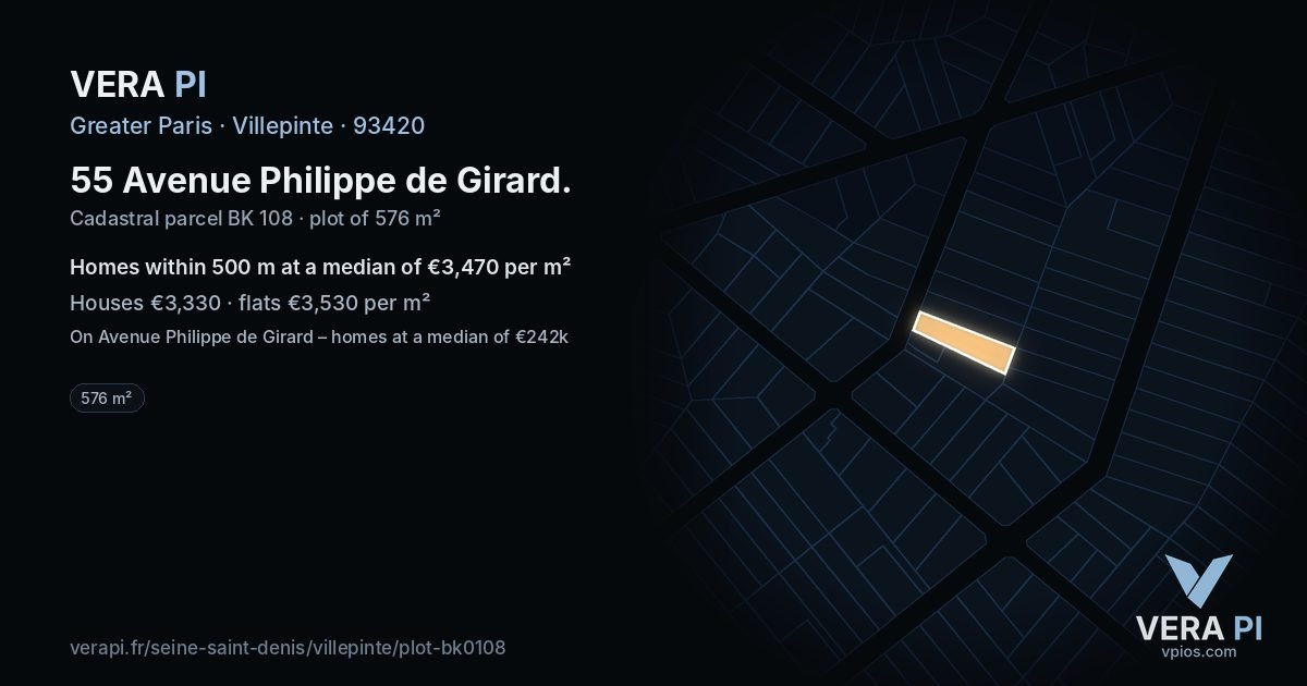 55 Avenue Philippe de Girard, Villepinte at night – the plot lit, the parcels around coloured by the prices near them