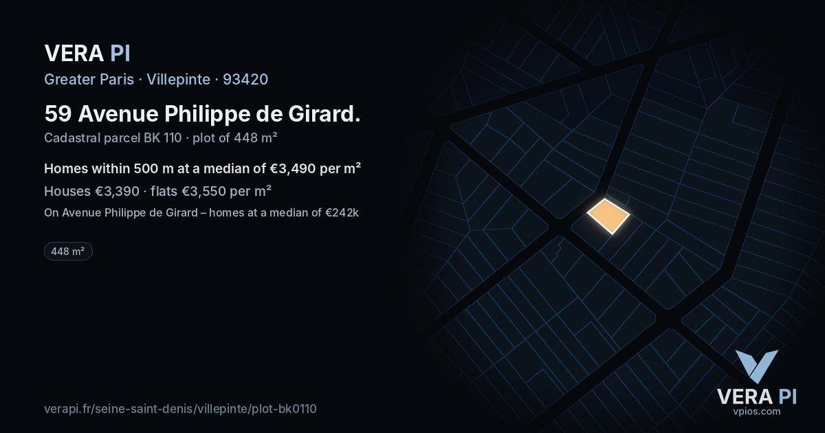 59 Avenue Philippe de Girard, Villepinte at night – the plot lit, the parcels around coloured by the prices near them