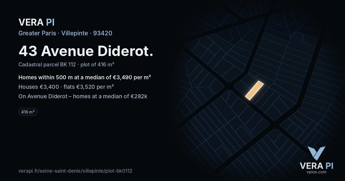 43 Avenue Diderot, Villepinte at night – the plot lit, the parcels around coloured by the prices near them