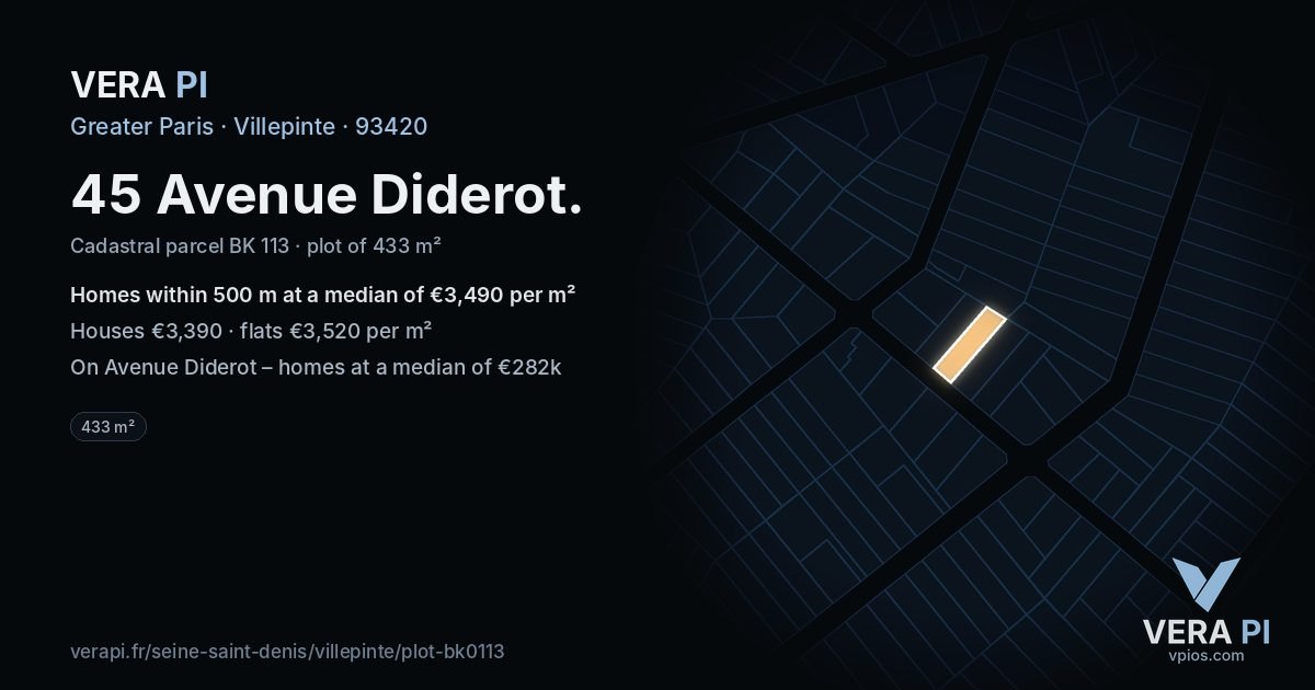 45 Avenue Diderot, Villepinte at night – the plot lit, the parcels around coloured by the prices near them