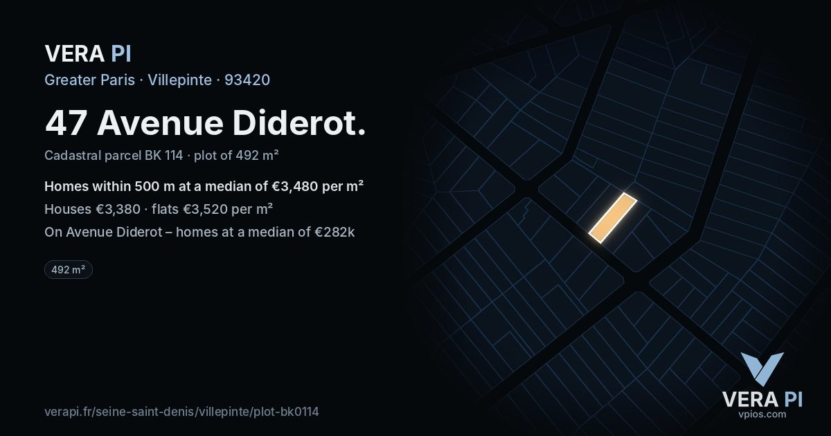 47 Avenue Diderot, Villepinte at night – the plot lit, the parcels around coloured by the prices near them