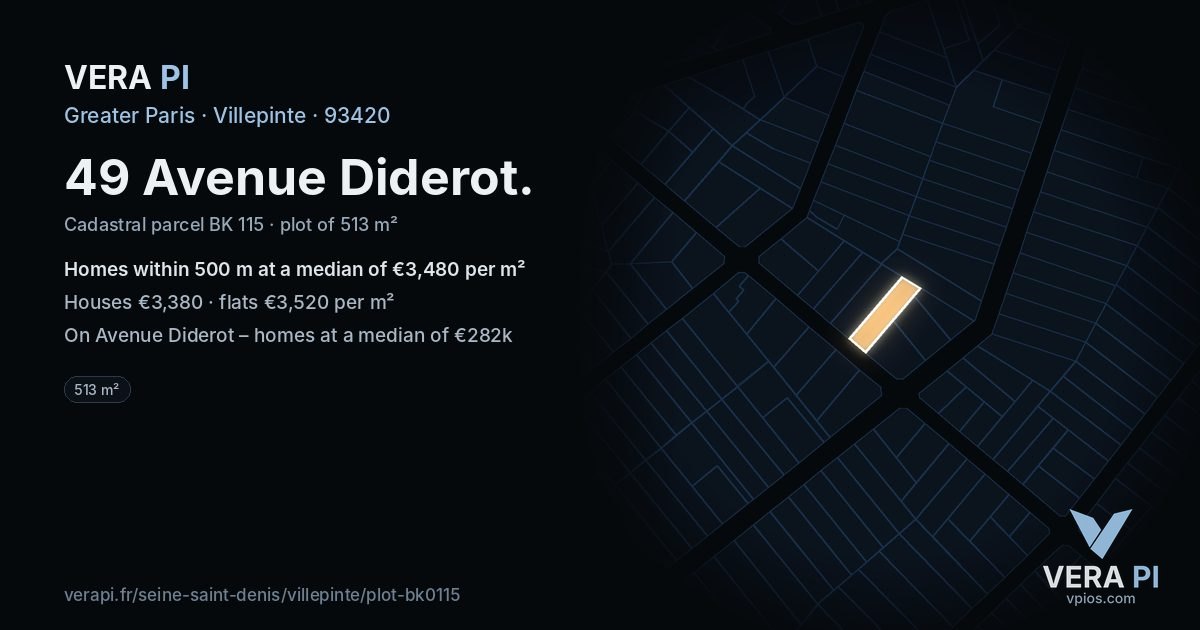 49 Avenue Diderot, Villepinte at night – the plot lit, the parcels around coloured by the prices near them