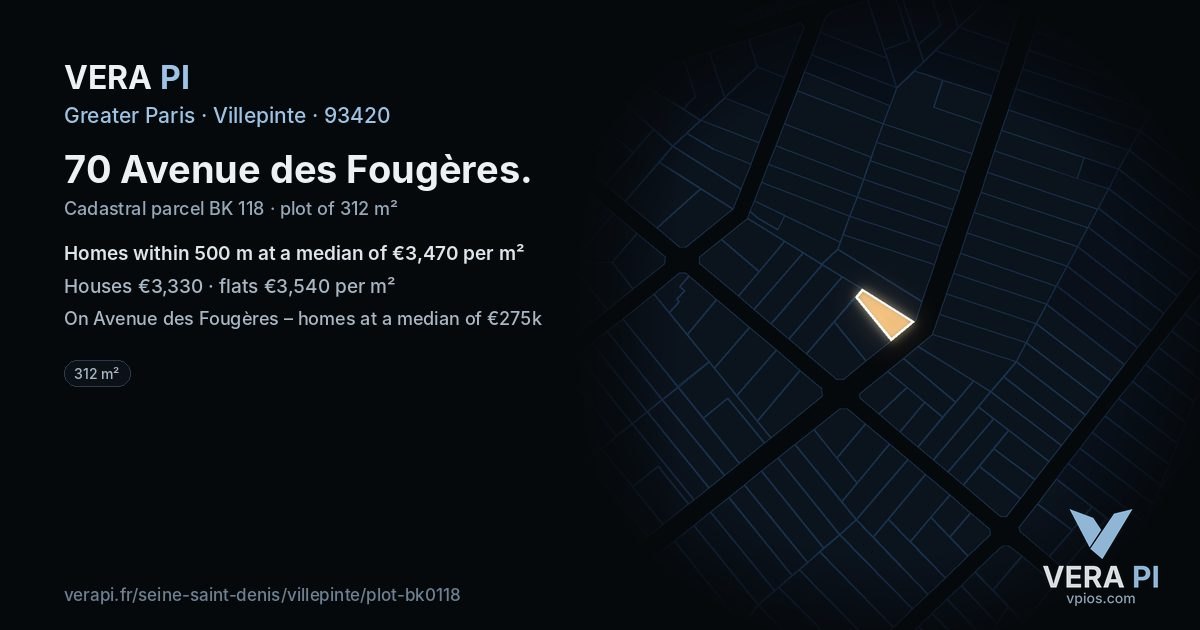 70 Avenue des Fougères, Villepinte at night – the plot lit, the parcels around coloured by the prices near them