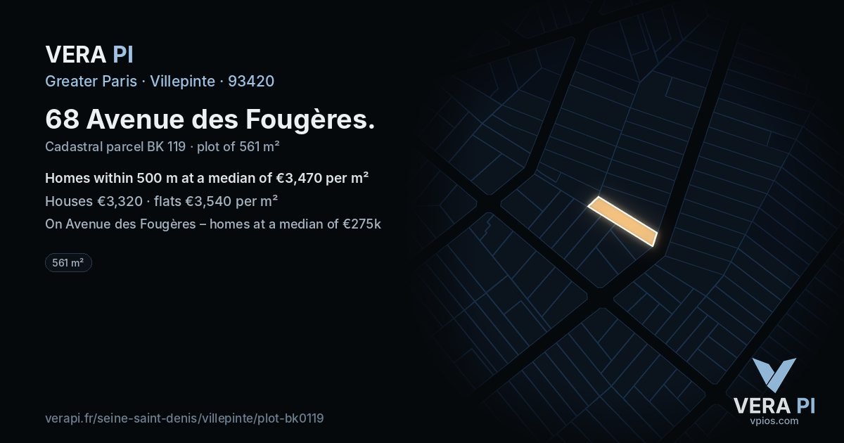 68 Avenue des Fougères, Villepinte at night – the plot lit, the parcels around coloured by the prices near them