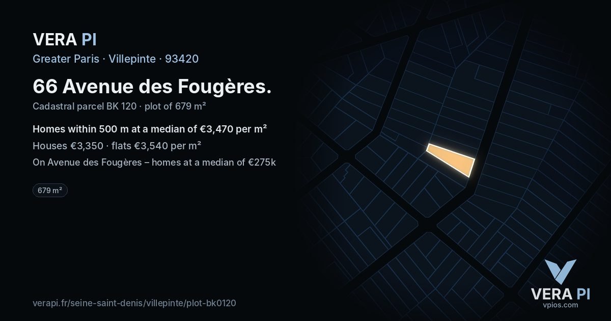 66 Avenue des Fougères, Villepinte at night – the plot lit, the parcels around coloured by the prices near them