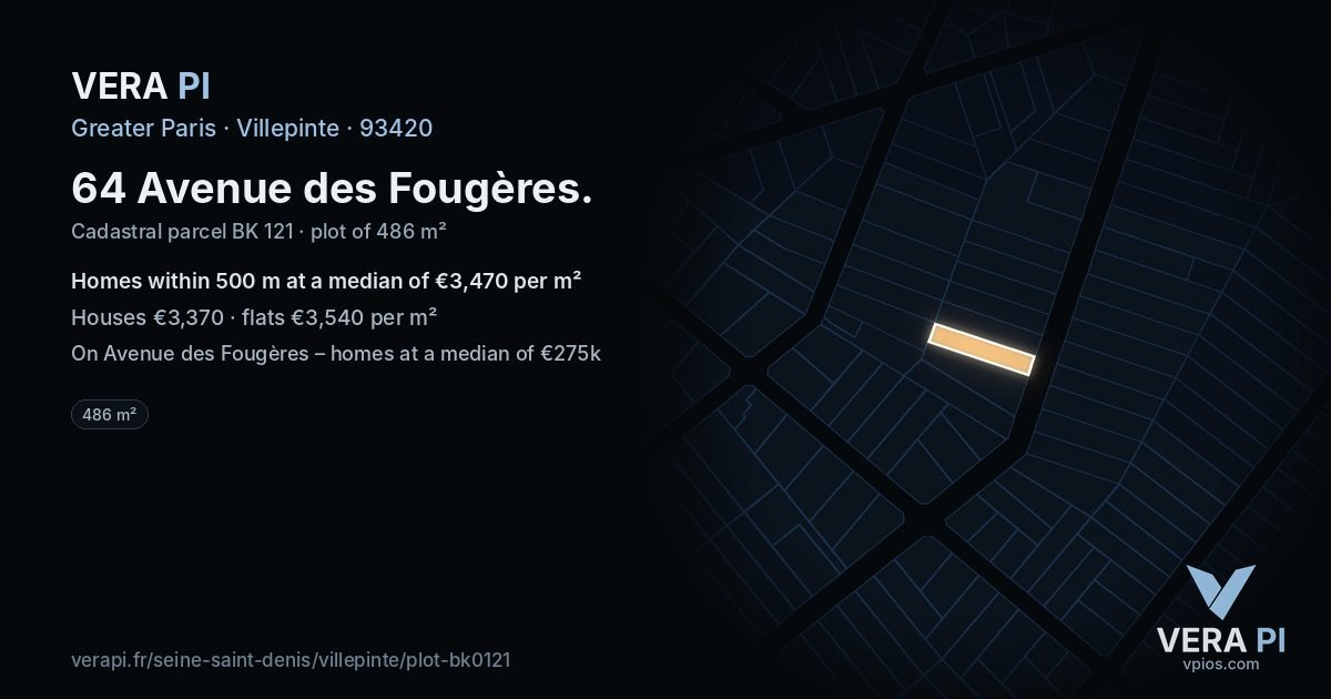 64 Avenue des Fougères, Villepinte at night – the plot lit, the parcels around coloured by the prices near them