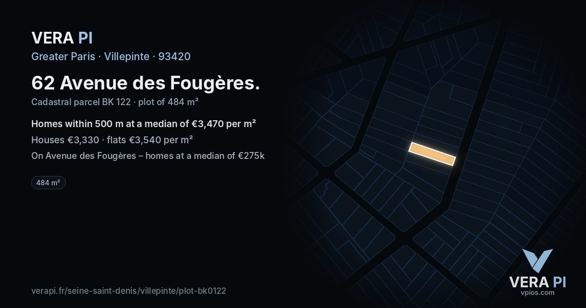 62 Avenue des Fougères, Villepinte at night – the plot lit, the parcels around coloured by the prices near them