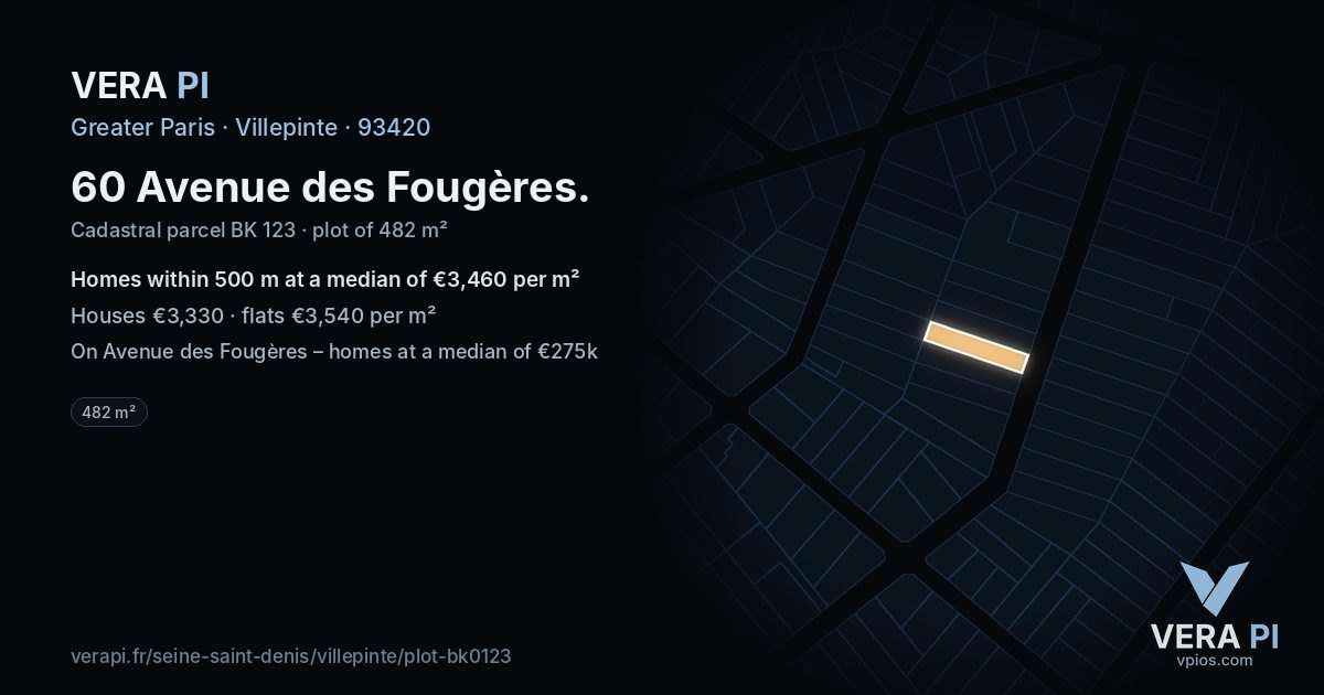 60 Avenue des Fougères, Villepinte at night – the plot lit, the parcels around coloured by the prices near them