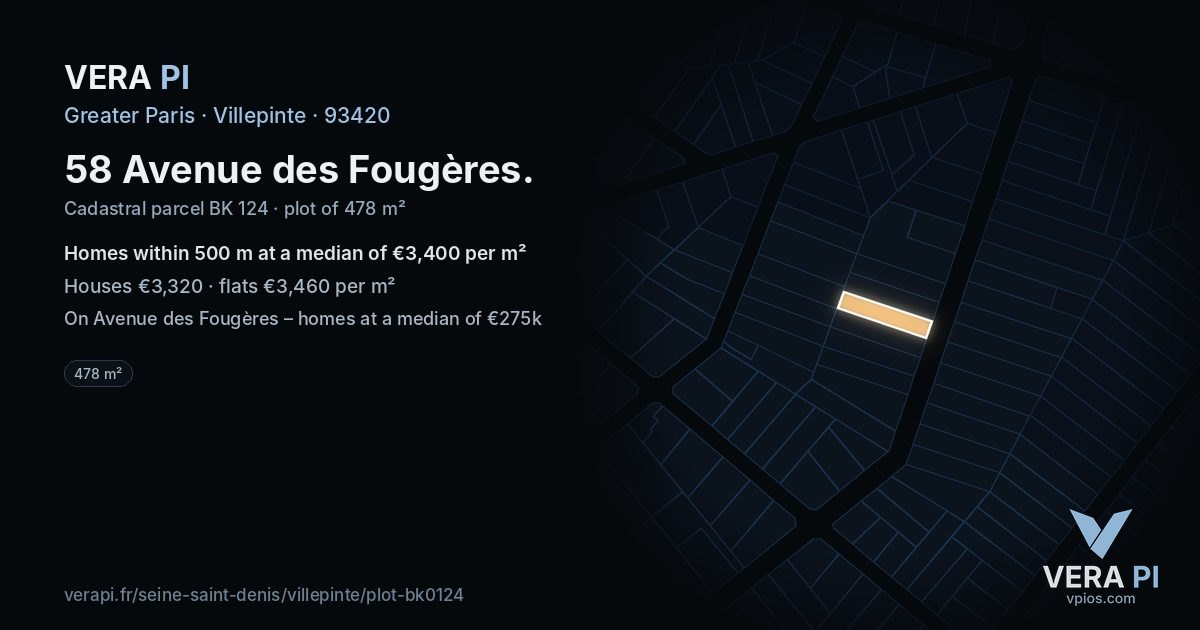 58 Avenue des Fougères, Villepinte at night – the plot lit, the parcels around coloured by the prices near them