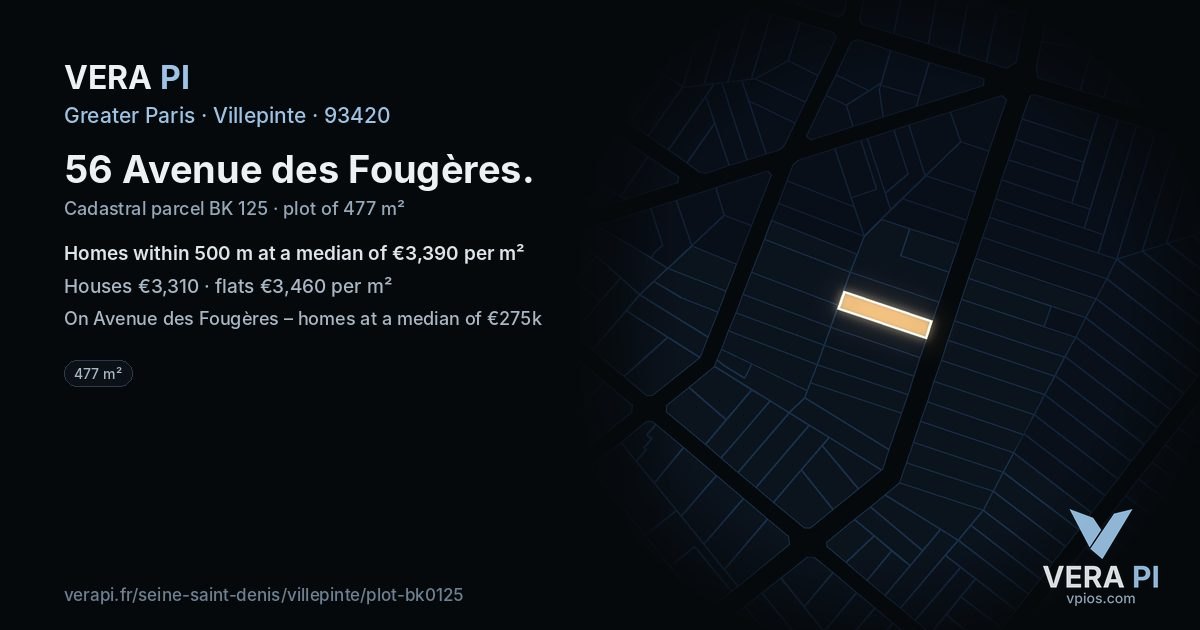 56 Avenue des Fougères, Villepinte at night – the plot lit, the parcels around coloured by the prices near them