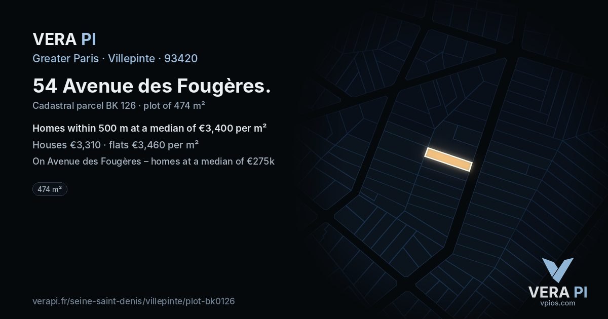 54 Avenue des Fougères, Villepinte at night – the plot lit, the parcels around coloured by the prices near them