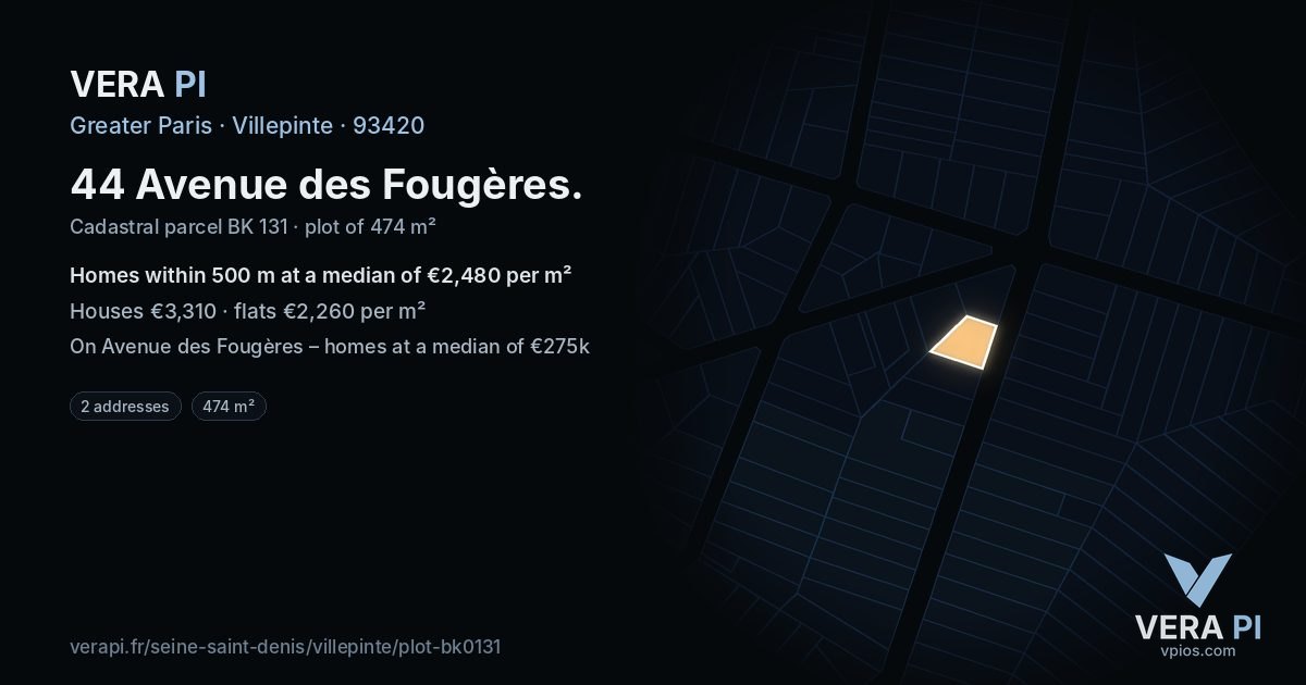 44 Avenue des Fougères, Villepinte at night – the plot lit, the parcels around coloured by the prices near them