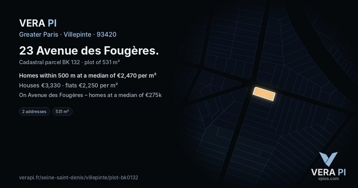 23 Avenue des Fougères, Villepinte at night – the plot lit, the parcels around coloured by the prices near them