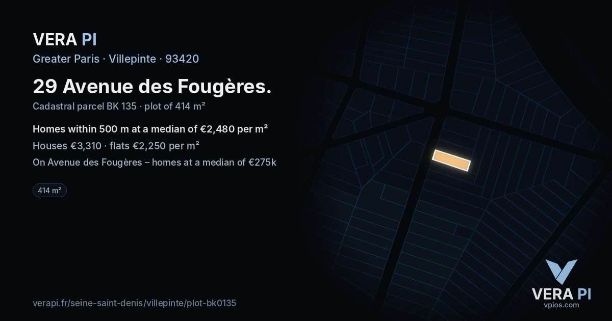29 Avenue des Fougères, Villepinte at night – the plot lit, the parcels around coloured by the prices near them