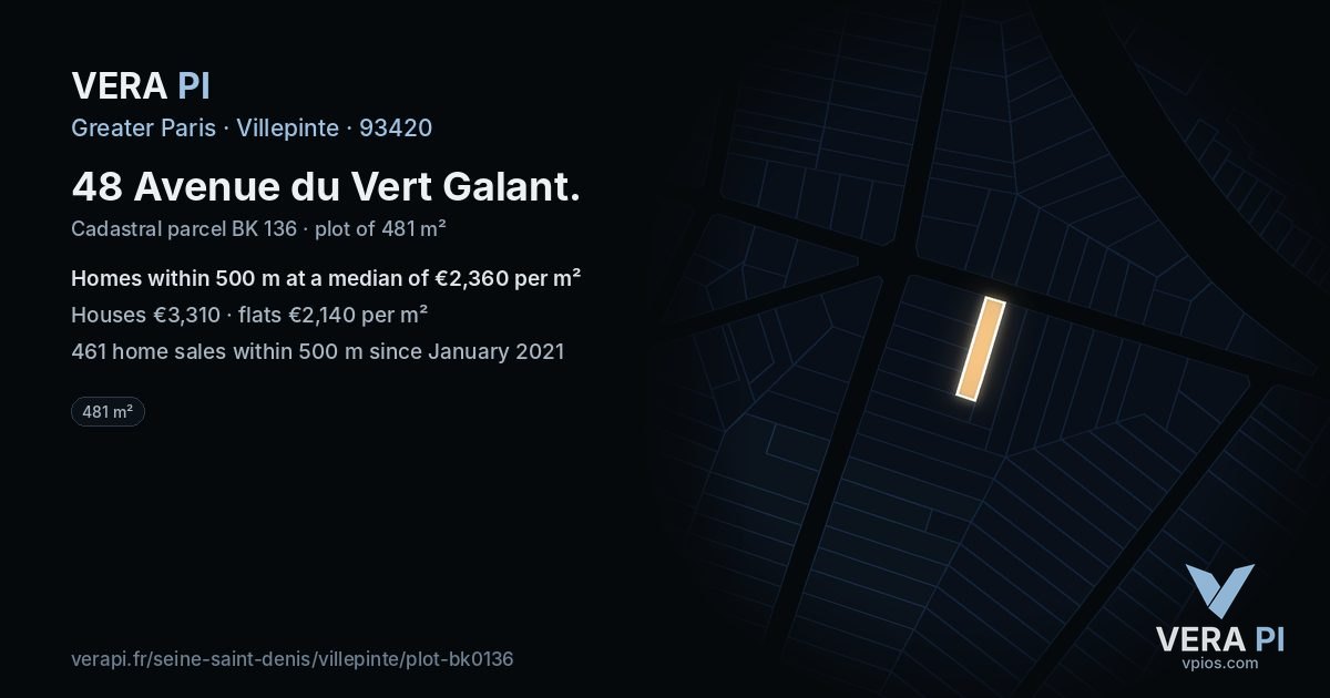 48 Avenue du Vert Galant, Villepinte at night – the plot lit, the parcels around coloured by the prices near them