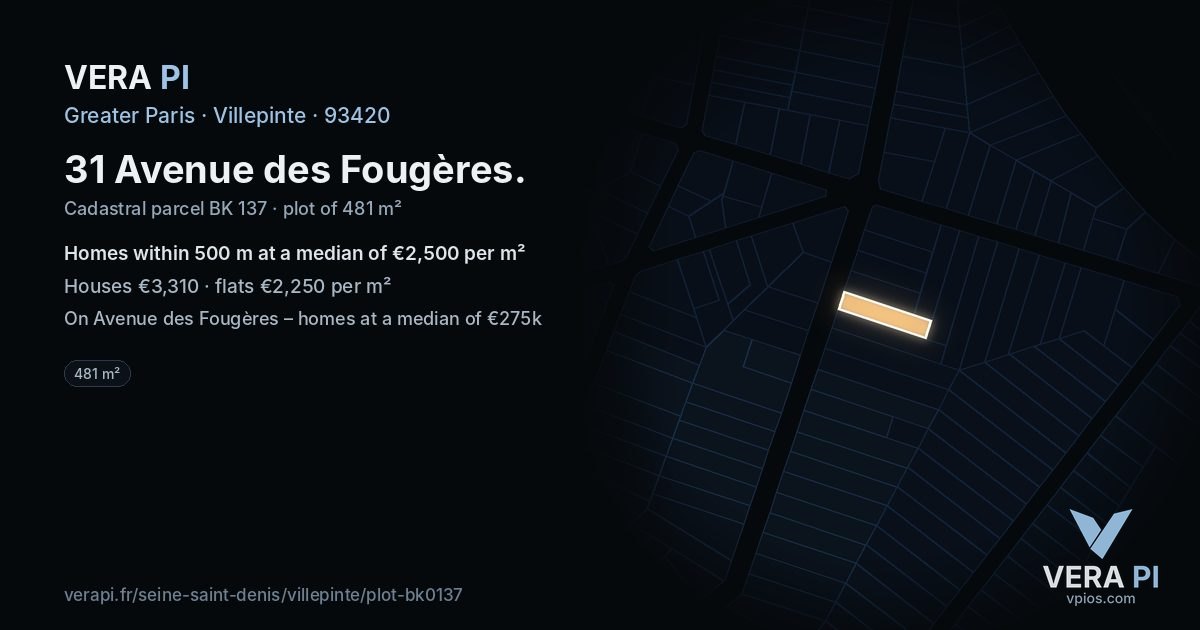 31 Avenue des Fougères, Villepinte at night – the plot lit, the parcels around coloured by the prices near them
