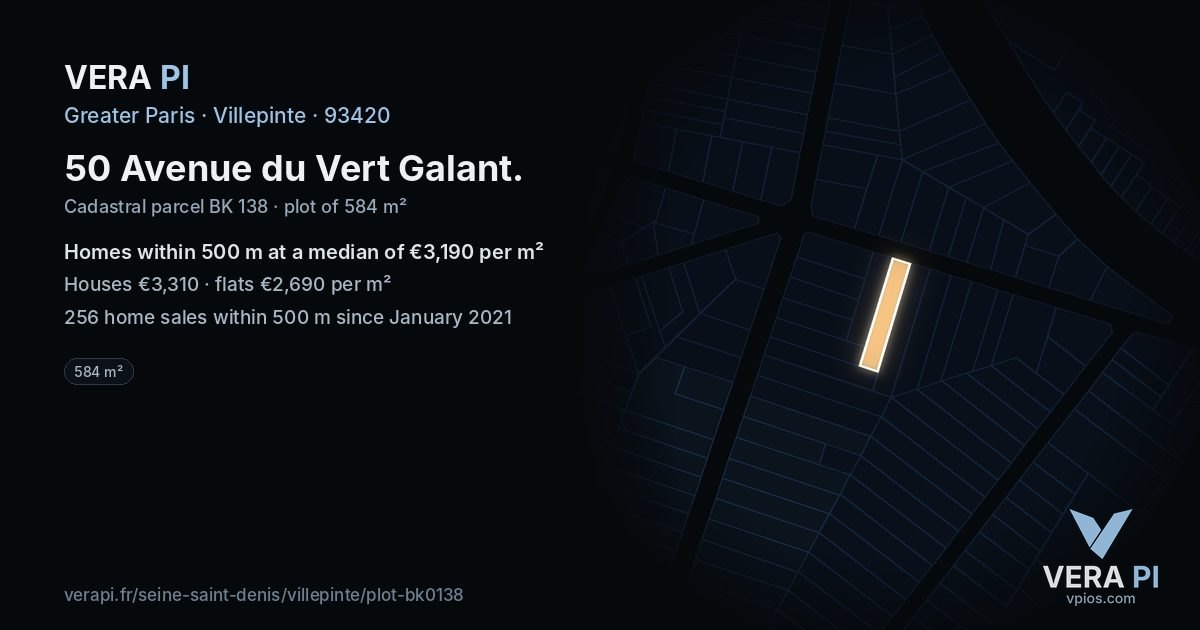 50 Avenue du Vert Galant, Villepinte at night – the plot lit, the parcels around coloured by the prices near them
