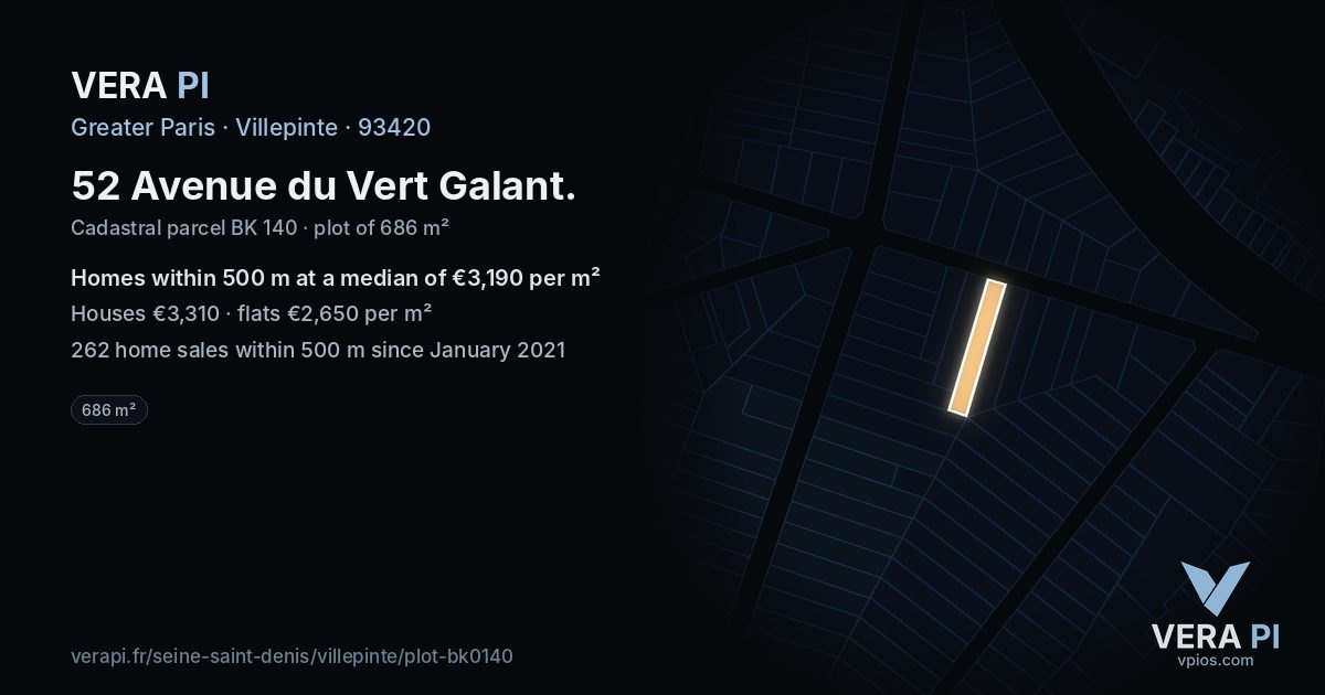 52 Avenue du Vert Galant, Villepinte at night – the plot lit, the parcels around coloured by the prices near them