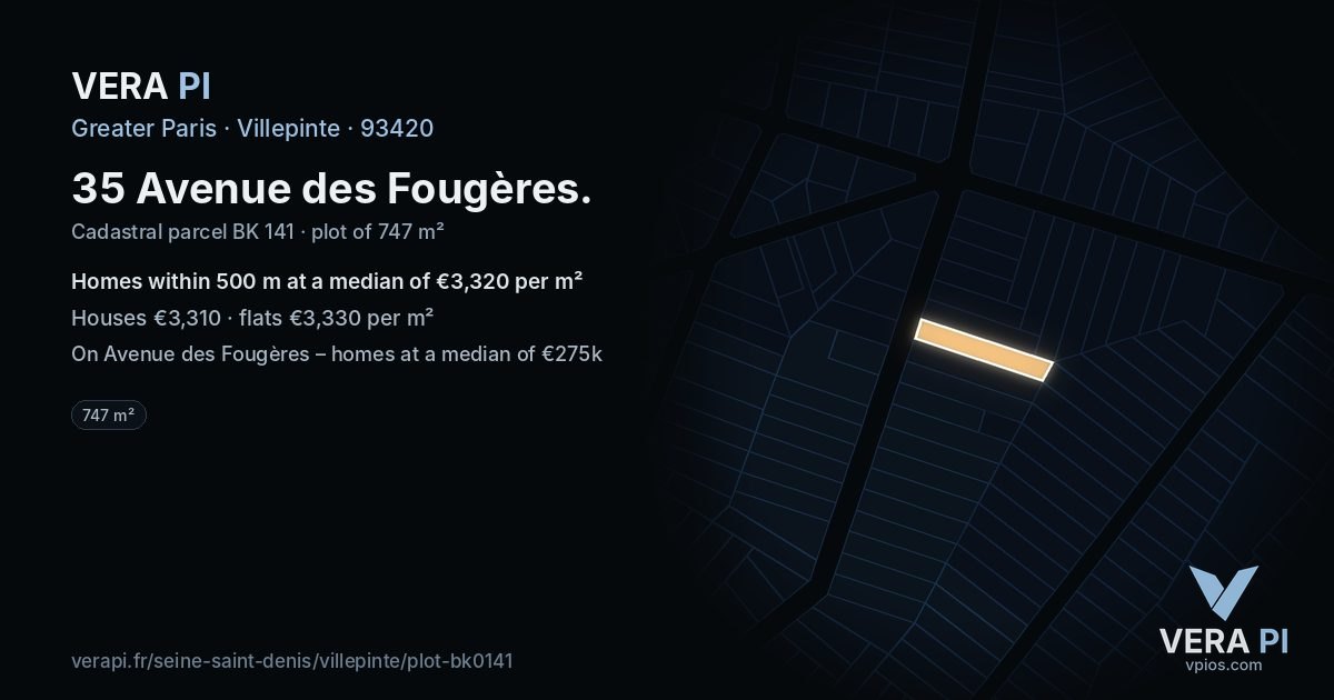 35 Avenue des Fougères, Villepinte at night – the plot lit, the parcels around coloured by the prices near them