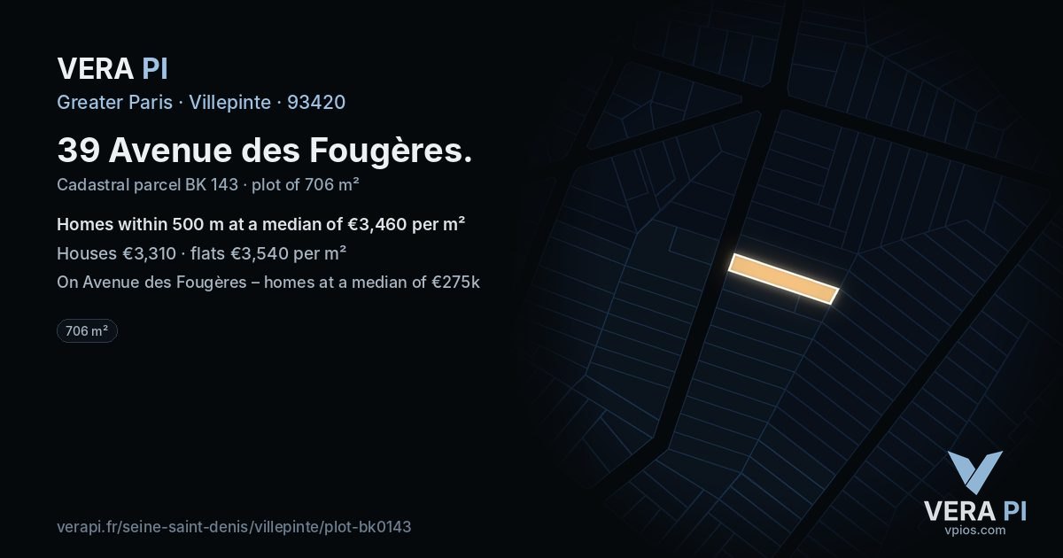 39 Avenue des Fougères, Villepinte at night – the plot lit, the parcels around coloured by the prices near them