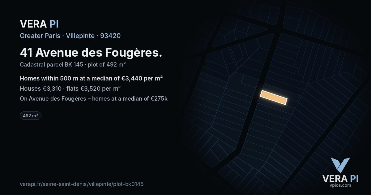 41 Avenue des Fougères, Villepinte at night – the plot lit, the parcels around coloured by the prices near them