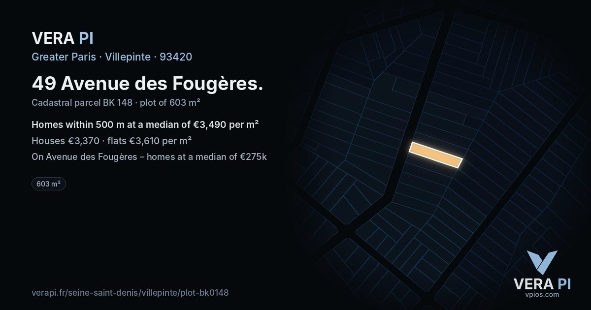 49 Avenue des Fougères, Villepinte at night – the plot lit, the parcels around coloured by the prices near them