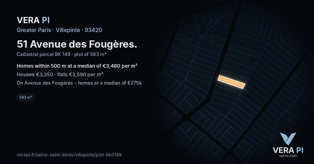 51 Avenue des Fougères, Villepinte at night – the plot lit, the parcels around coloured by the prices near them