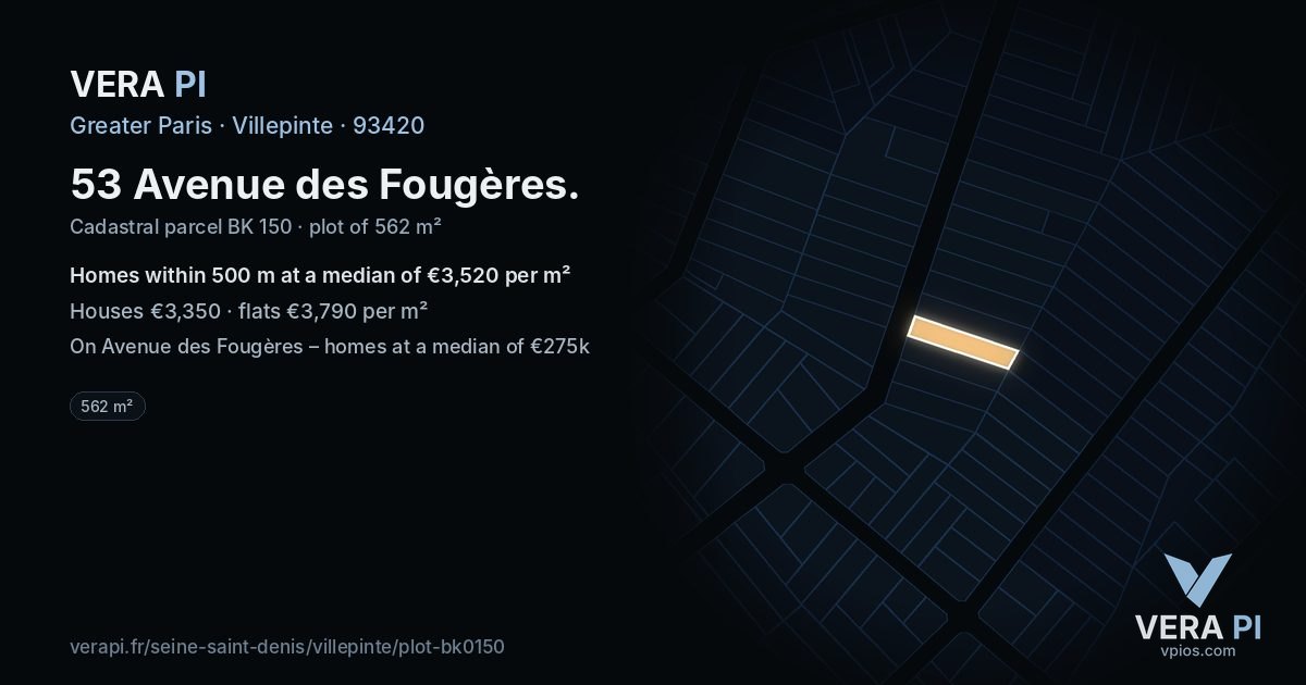 53 Avenue des Fougères, Villepinte at night – the plot lit, the parcels around coloured by the prices near them