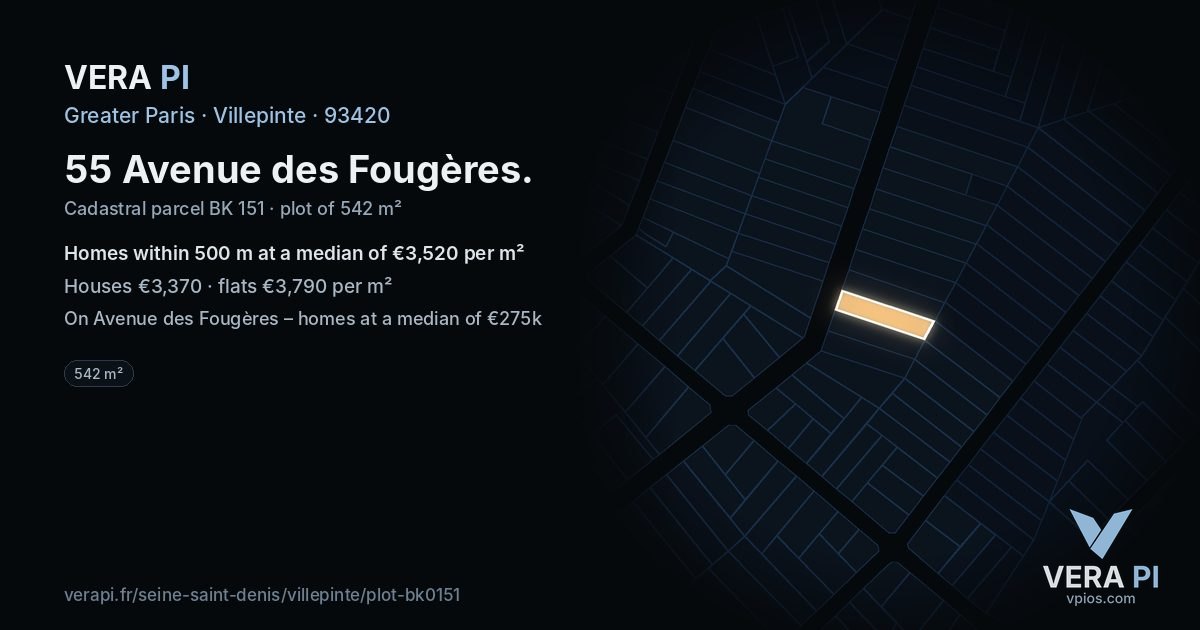 55 Avenue des Fougères, Villepinte at night – the plot lit, the parcels around coloured by the prices near them