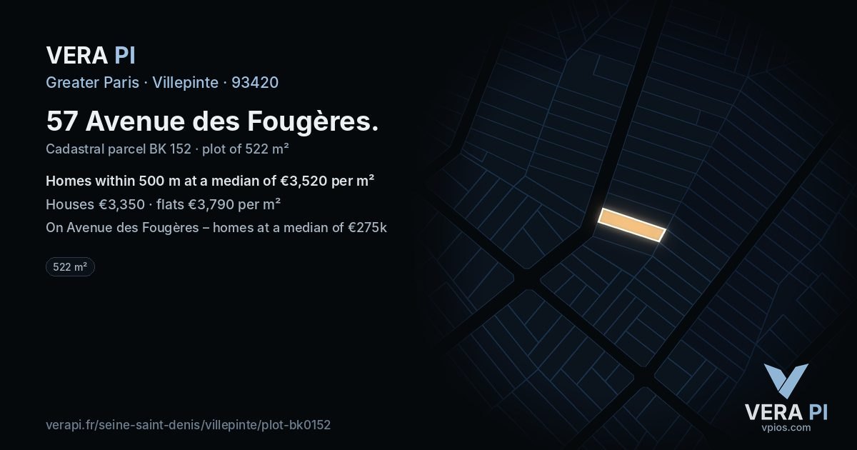 57 Avenue des Fougères, Villepinte at night – the plot lit, the parcels around coloured by the prices near them