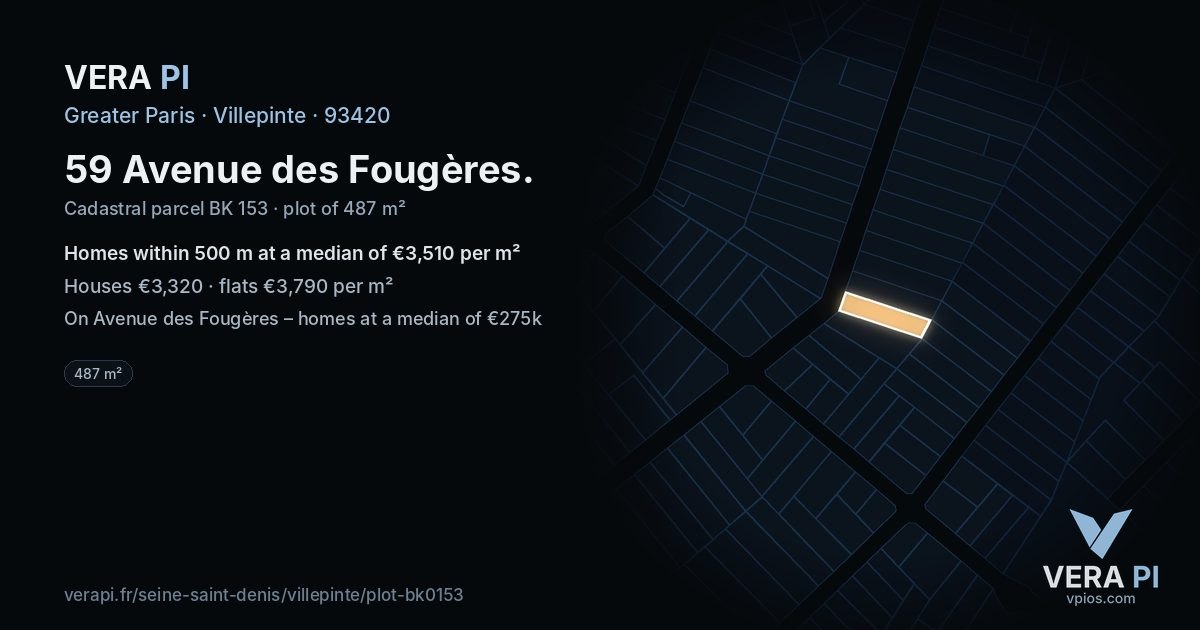 59 Avenue des Fougères, Villepinte at night – the plot lit, the parcels around coloured by the prices near them