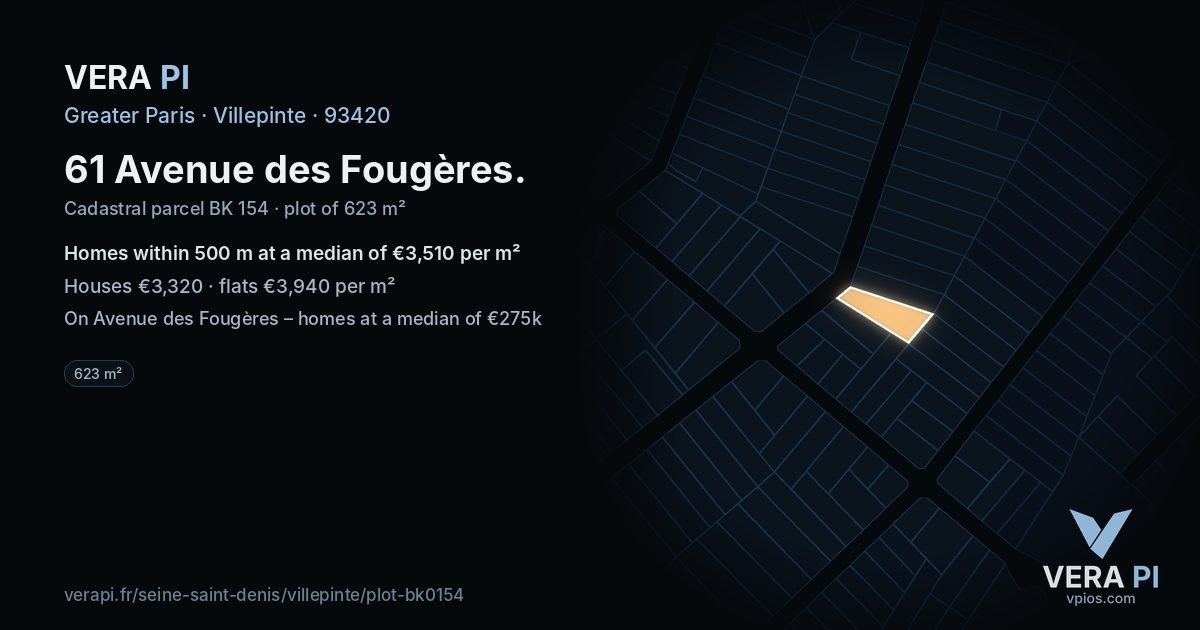 61 Avenue des Fougères, Villepinte at night – the plot lit, the parcels around coloured by the prices near them