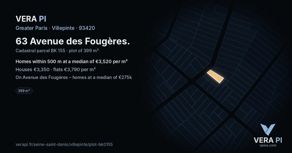 63 Avenue des Fougères, Villepinte at night – the plot lit, the parcels around coloured by the prices near them