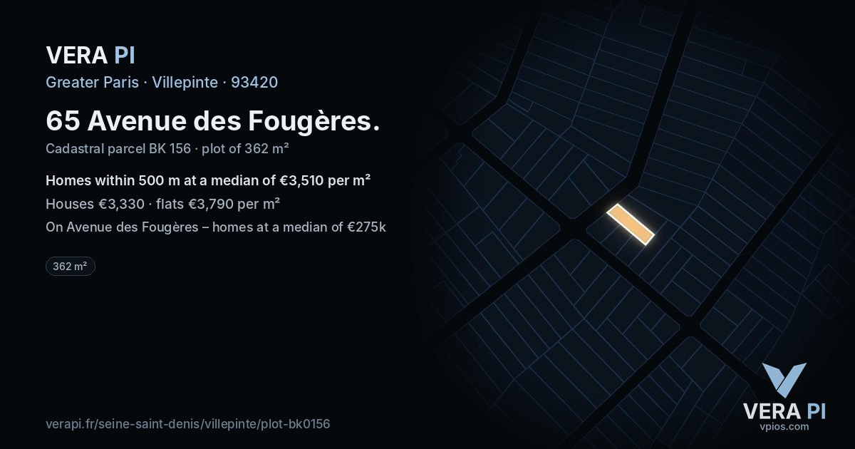 65 Avenue des Fougères, Villepinte at night – the plot lit, the parcels around coloured by the prices near them