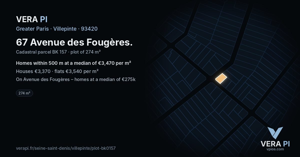 67 Avenue des Fougères, Villepinte at night – the plot lit, the parcels around coloured by the prices near them