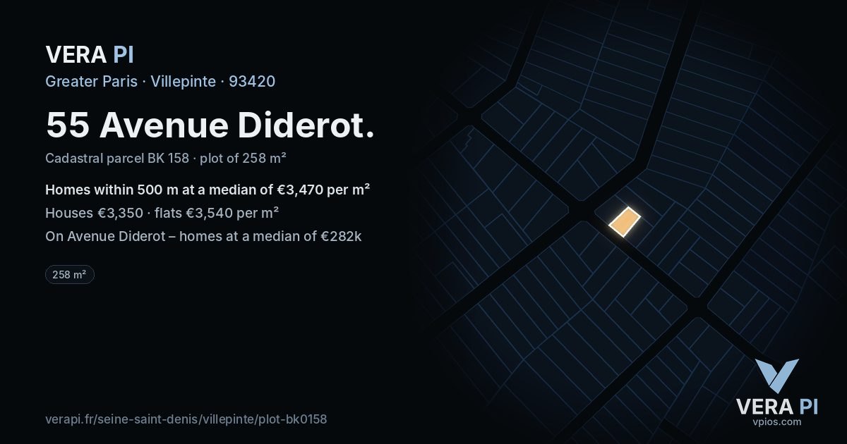 55 Avenue Diderot, Villepinte at night – the plot lit, the parcels around coloured by the prices near them