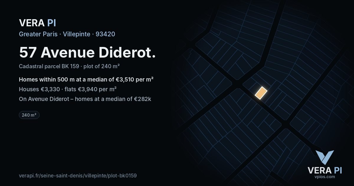 57 Avenue Diderot, Villepinte at night – the plot lit, the parcels around coloured by the prices near them