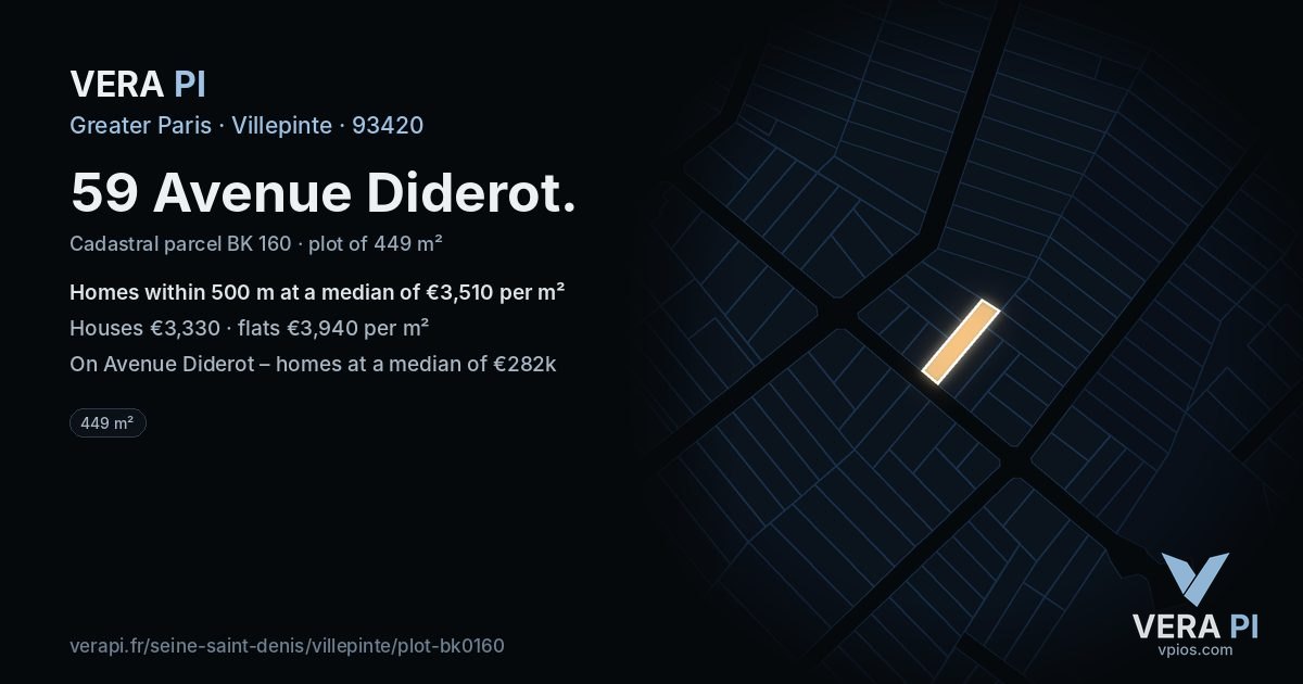 59 Avenue Diderot, Villepinte at night – the plot lit, the parcels around coloured by the prices near them