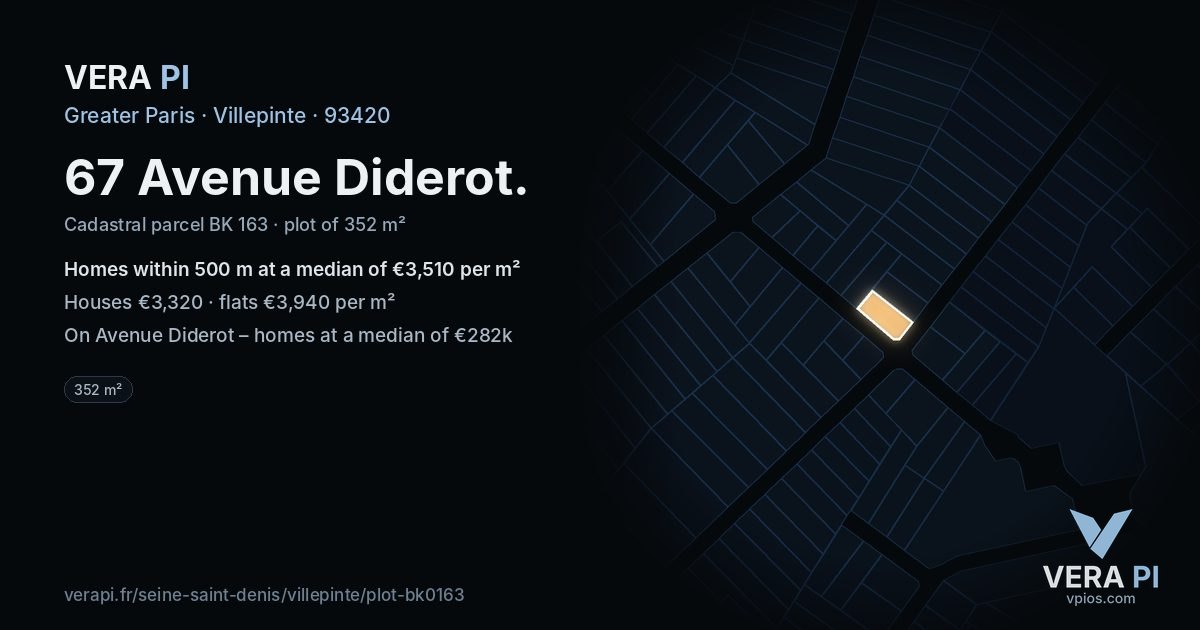 67 Avenue Diderot, Villepinte at night – the plot lit, the parcels around coloured by the prices near them