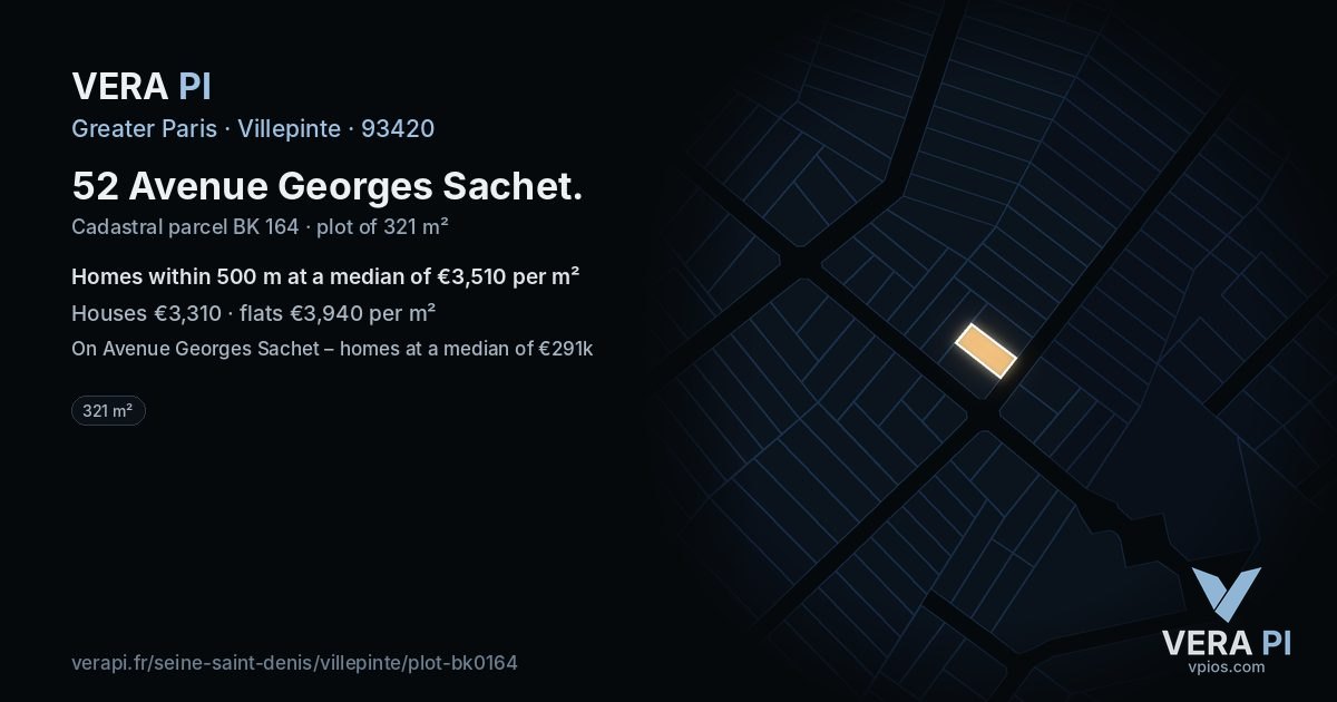 52 Avenue Georges Sachet, Villepinte at night – the plot lit, the parcels around coloured by the prices near them