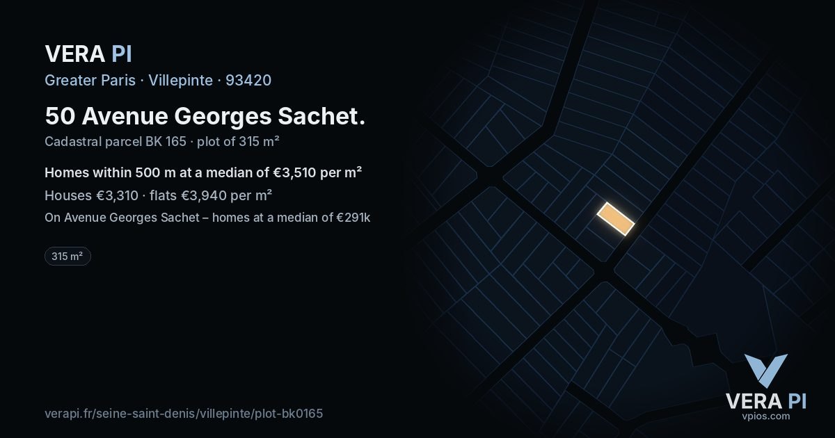 50 Avenue Georges Sachet, Villepinte at night – the plot lit, the parcels around coloured by the prices near them