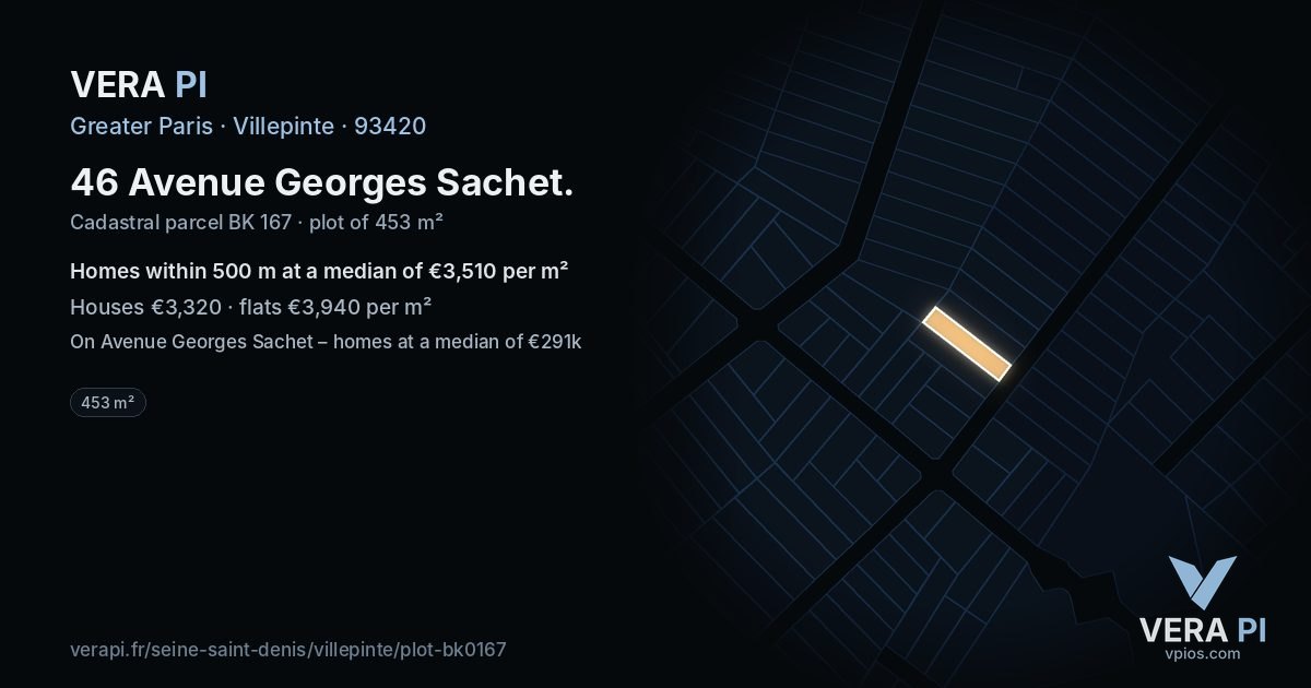 46 Avenue Georges Sachet, Villepinte at night – the plot lit, the parcels around coloured by the prices near them